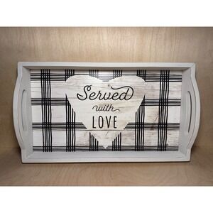 " Served With Love" Plaid Wooden Serving Tray Farmhouse‎ Decor White 14in